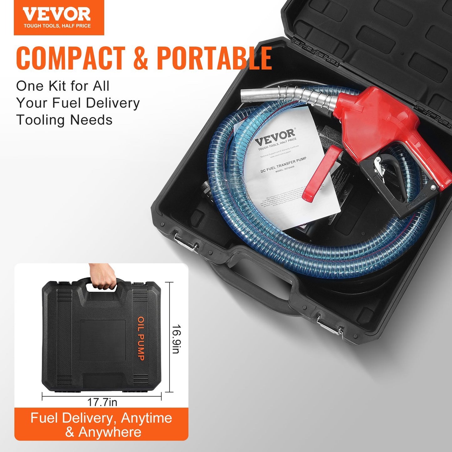 American Smart 12V diesel fuel transfer pump with auto nozzle, hoses, and overload protection for efficient fluid transfer.