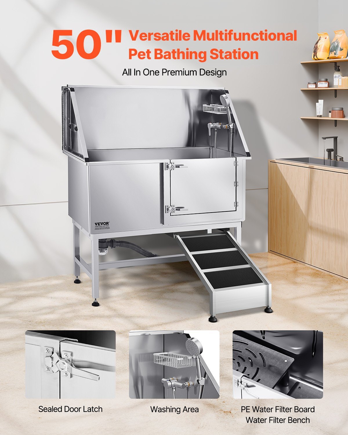 American Smart stainless steel dog washing station with ramp, faucet, showerhead, soap holder, suitable for large to small pets.