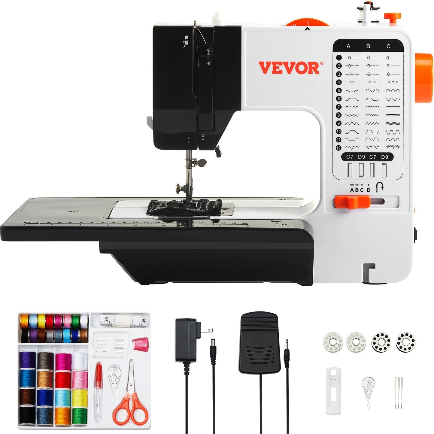 Portable American Smart sewing machine for beginners with 38 stitches, reverse sewing, extension table, foot pedal, and accessory kit.