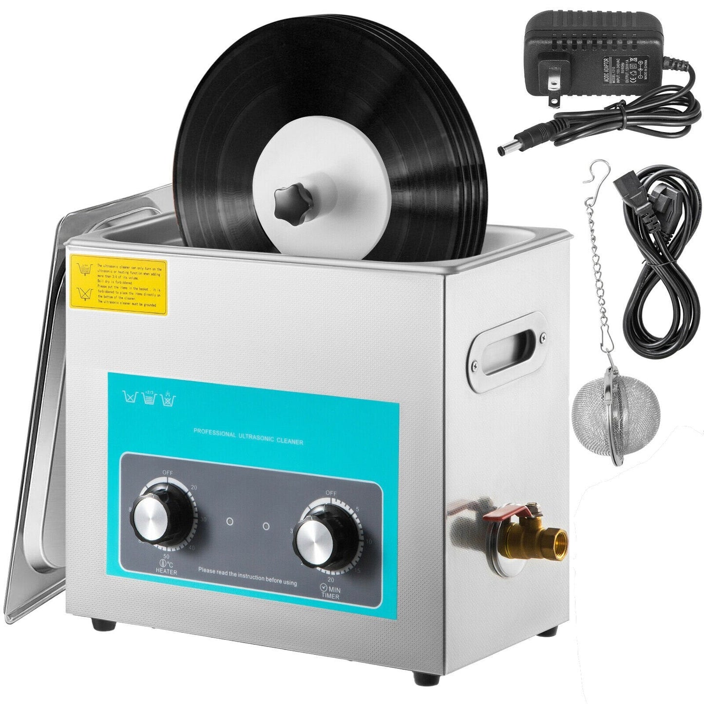 American Smart ultrasonic vinyl record cleaner with stainless steel tank, knob control, heater, and timer for 6L capacity and 40kHz cleaning.