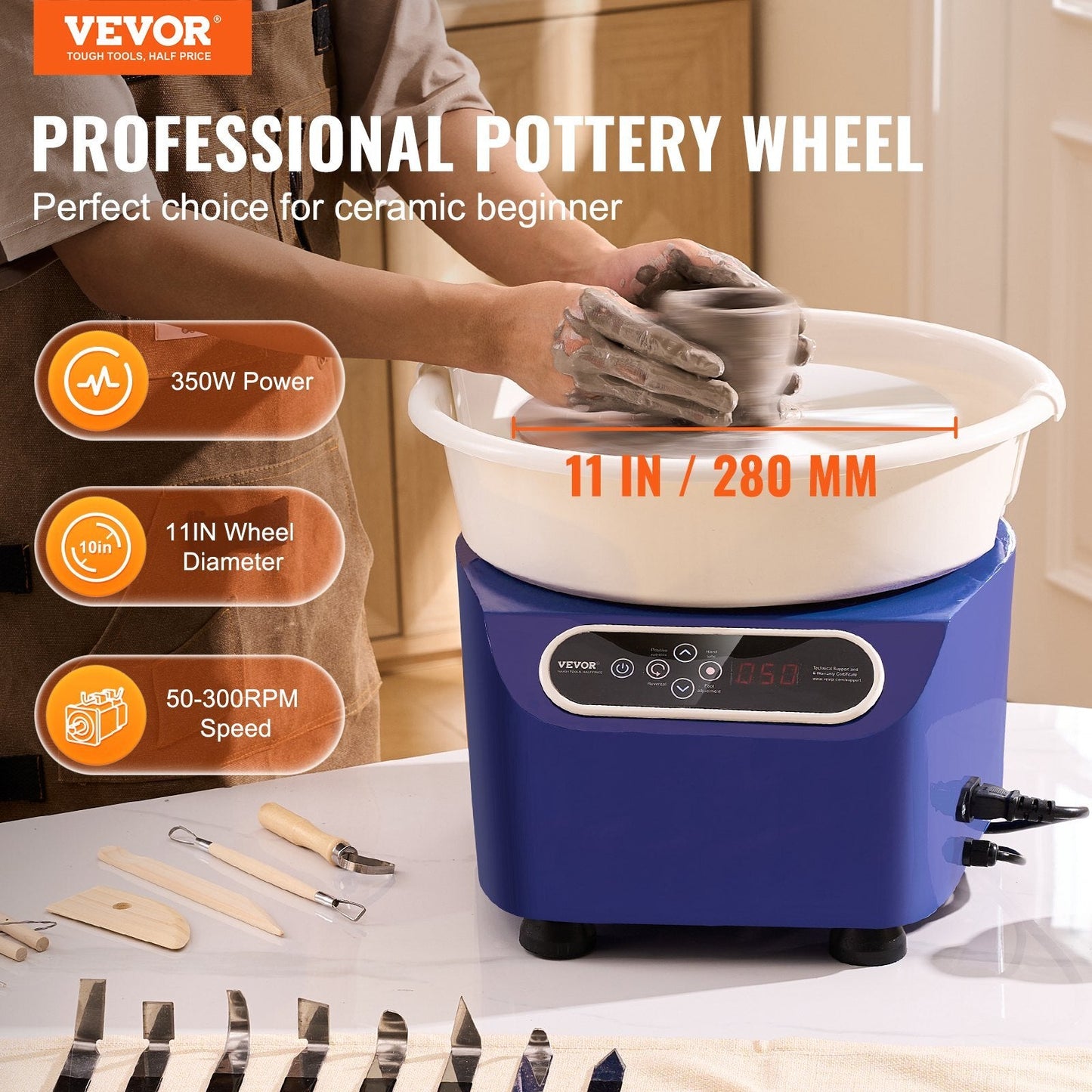 American Smart 11-inch electric pottery wheel with LCD touch screen, foot pedal, shaping tools, blue ceramic craft machine for DIY art.