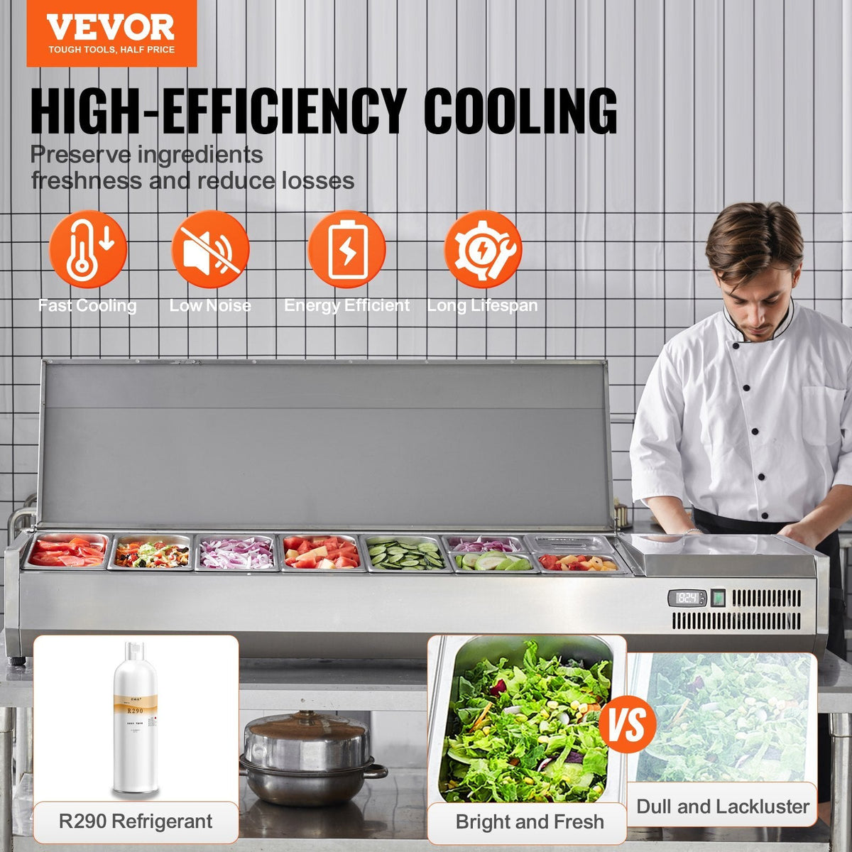 American Smart refrigerated condiment prep station with stainless steel body, 5/3 and 4/6 pans, countertop design, and PC lid.