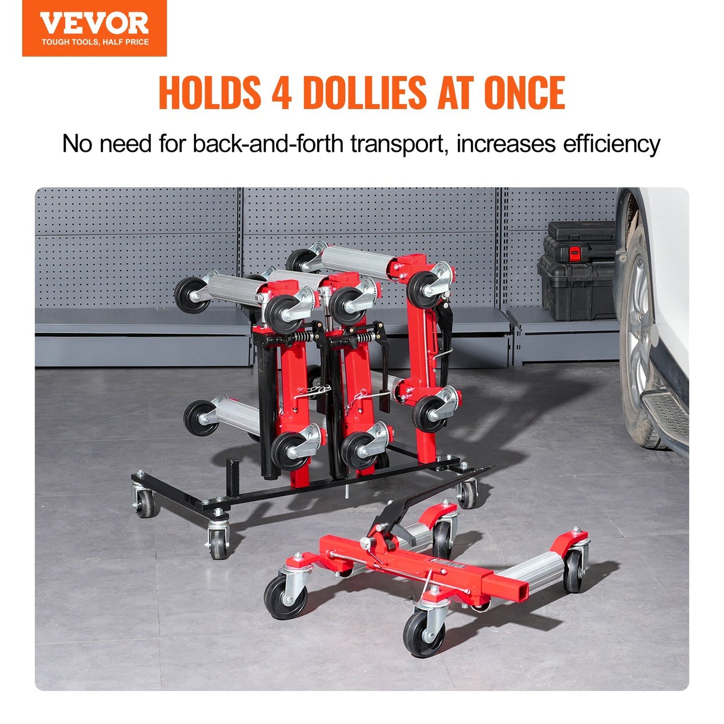 American Smart Wheel Dolly Storage Rack with 360° rotatable wheels and hydraulic jack stand holder for dolly organization.