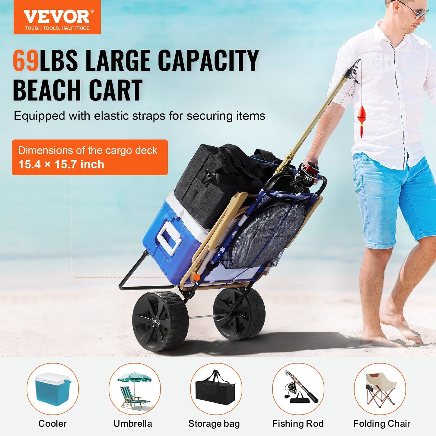 American Smart Beach Dolly with large wheels, 15.4x15.7-inch cargo deck, heavy-duty folding cart for sand, picnic, camping, and gardening.