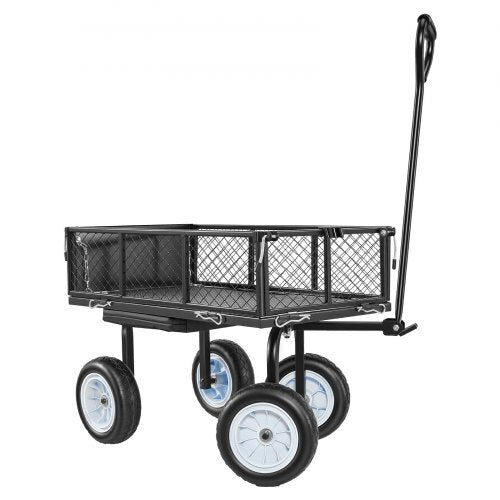Black steel garden cart with seat, wheels, and tool tray, ideal for yard work, outdoor gardening, and patio projects.