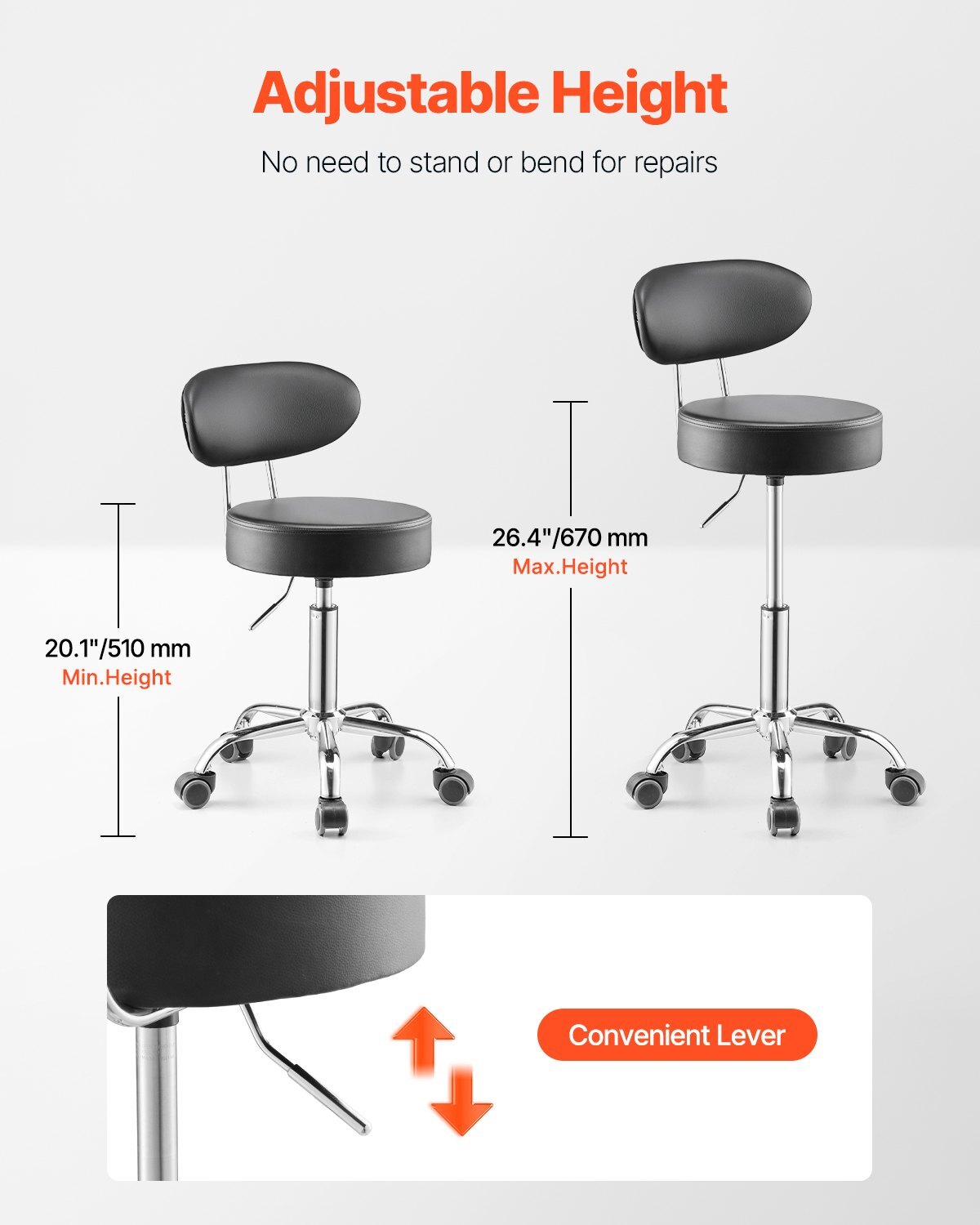 American Smart black mechanic shop stool with backrest, pneumatic height adjustment, wheels, 360° swivel, padded seat for garage work.