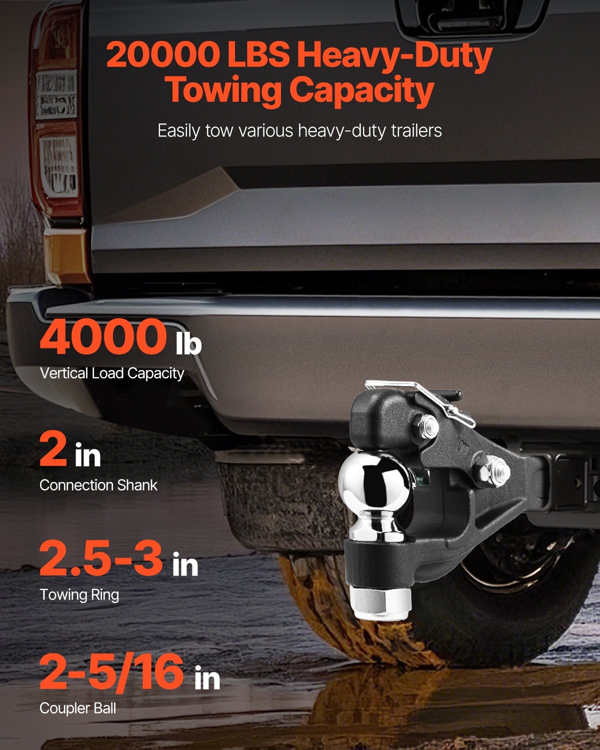 Black American Smart 20,000 lbs pintle hook hitch with 2-inch receiver, 2-5/16-inch hitch ball, and 15.6-inch length.