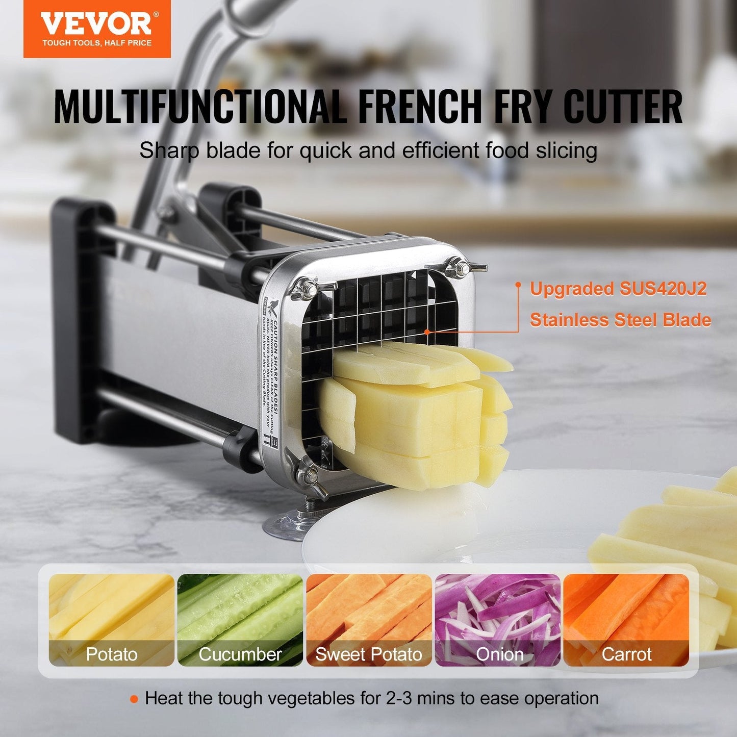American Smart French Fry Cutter with stainless steel blades, manual potato and vegetable slicer with suction cups for quick prep.