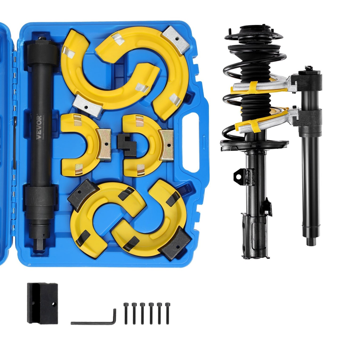 American Smart WB Macpherson strut spring compressor set with yellow sleeve and case, used for coil spring removal in suspension systems.