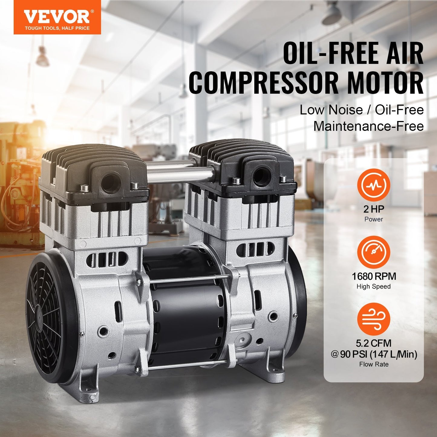 American Smart 2HP oil-free air compressor motor with 5.2 CFM at 90 PSI, designed for auto repair, tire inflation, and spray painting.