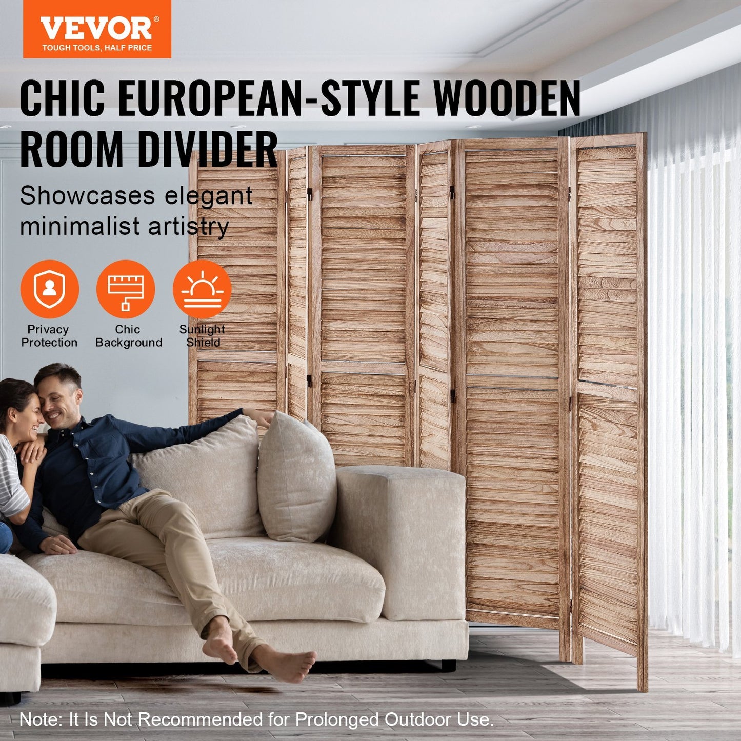 American Smart 6-panel wood room divider, 66.9-inch tall folding privacy screen with louvered panels for room separation or decorative use.