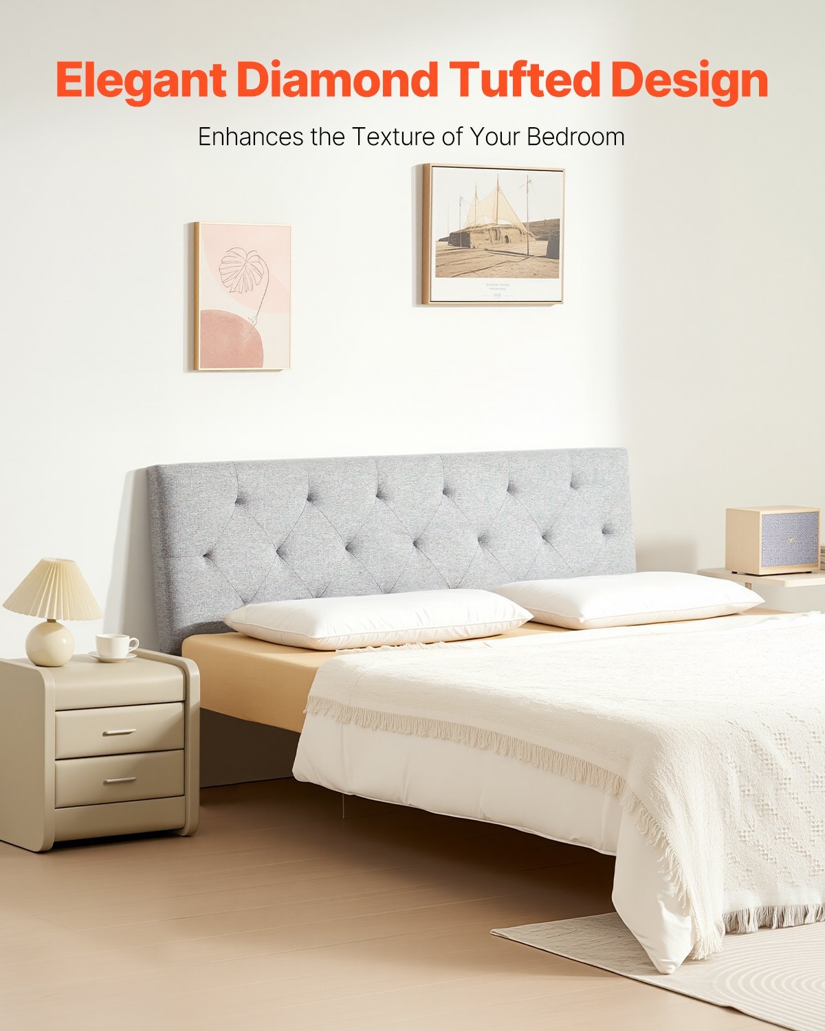 Full size light grey diamond tufted headboard with adjustable height, ideal for bedroom or hotel beds, by American Smart.