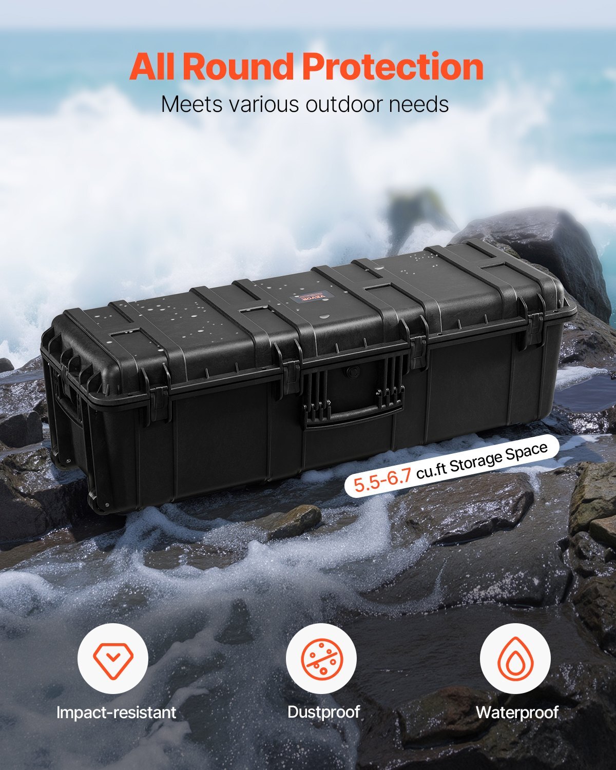 American Smart waterproof hard case with foam padding, retractable handles, suitable for travel, hunting, and military equipment.
