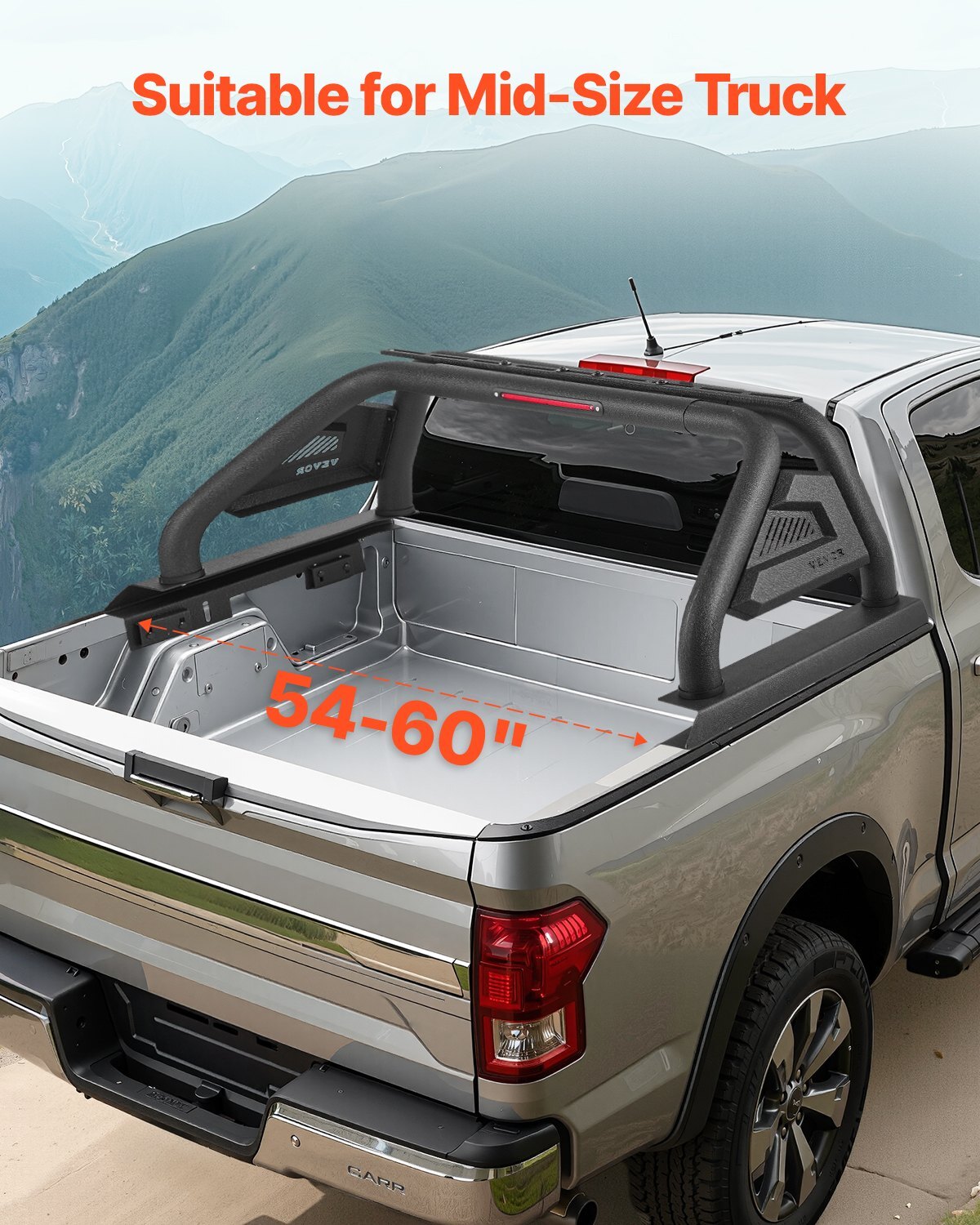 Universal truck bed roll bar by American Smart, made of carbon steel with LED brake light for mid-size pickup trucks.