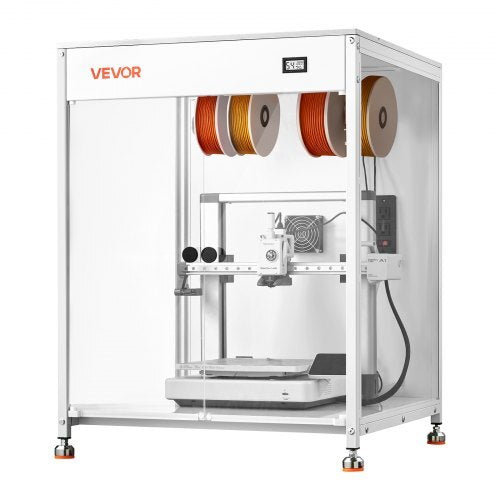 Transparent acrylic 3D printer enclosure with ventilation and LED, compatible with Bambu Lab, Ender, Neptune, and Kobra printers.