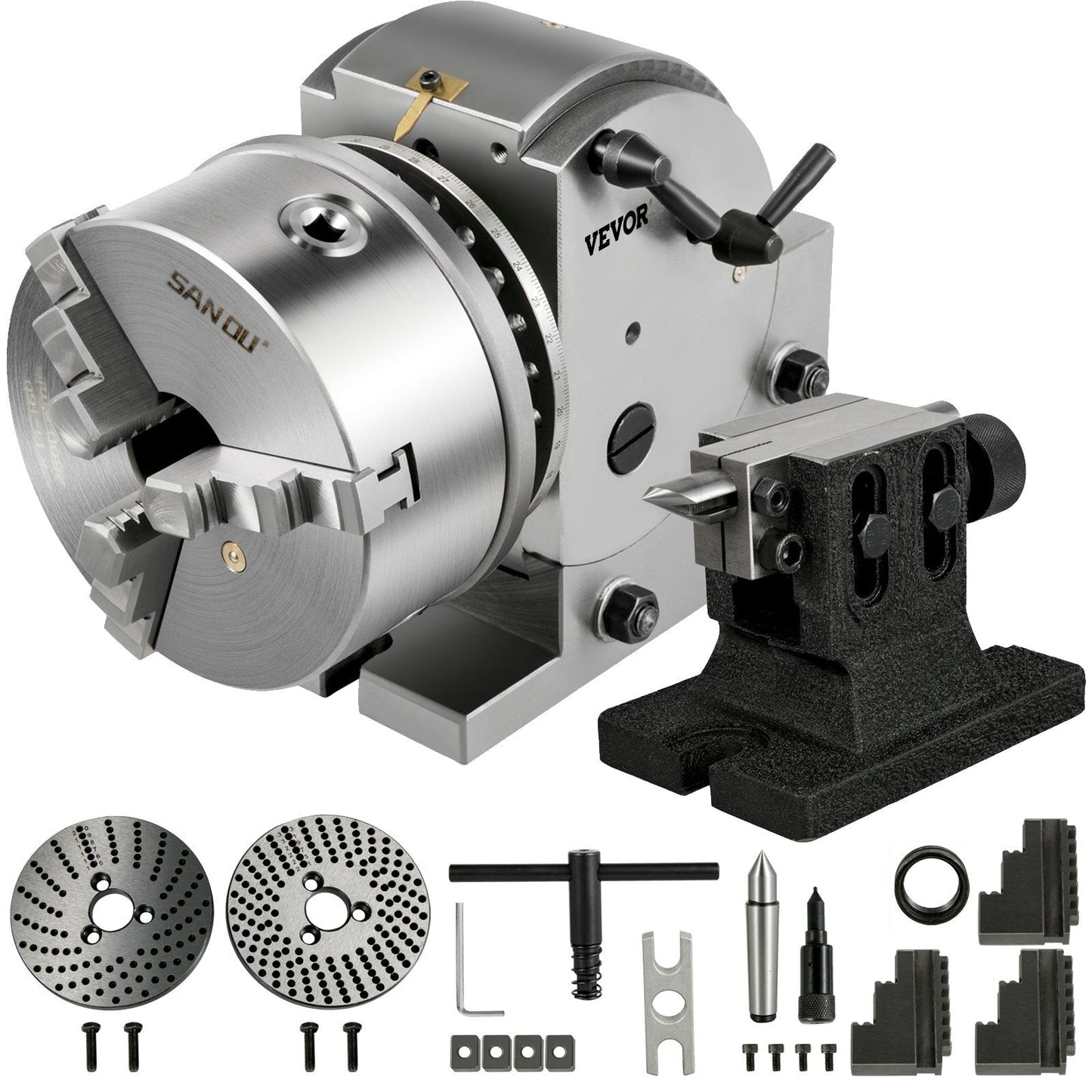 American Smart BS-1 dividing head set with 6-inch chuck, tailstock, and dividing plates for milling and grinding applications.