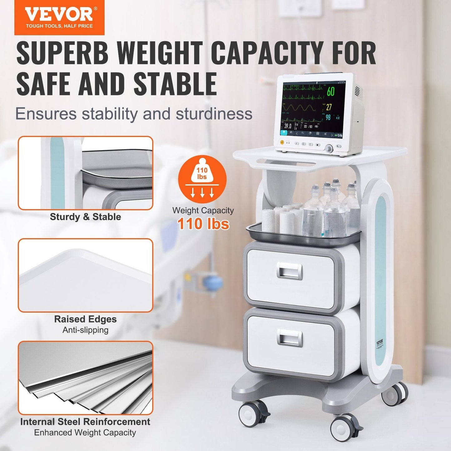 American Smart 3-tier lab utility cart with 2 drawers, top tray, white ABS material, four silent wheels for medical and lab use.