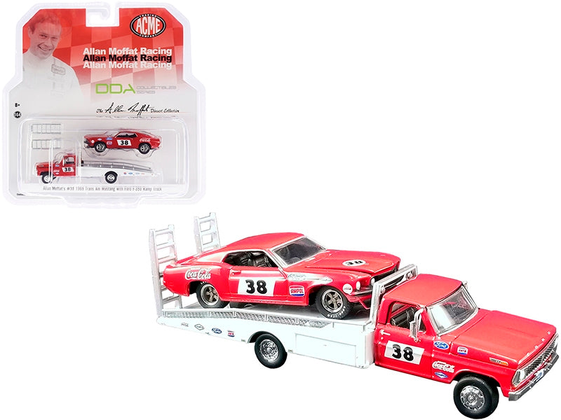 Red and white Ford F-350 ramp truck and 1969 Ford Mustang Trans Am diecast model cars by Greenlight, part of ACME's 1/64 series.