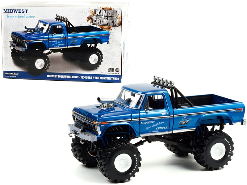 Blue metallic 1974 Ford F-250 Ranger XLT monster truck diecast model with 48-inch tires by Greenlight, part of Kings of Crunch series.
