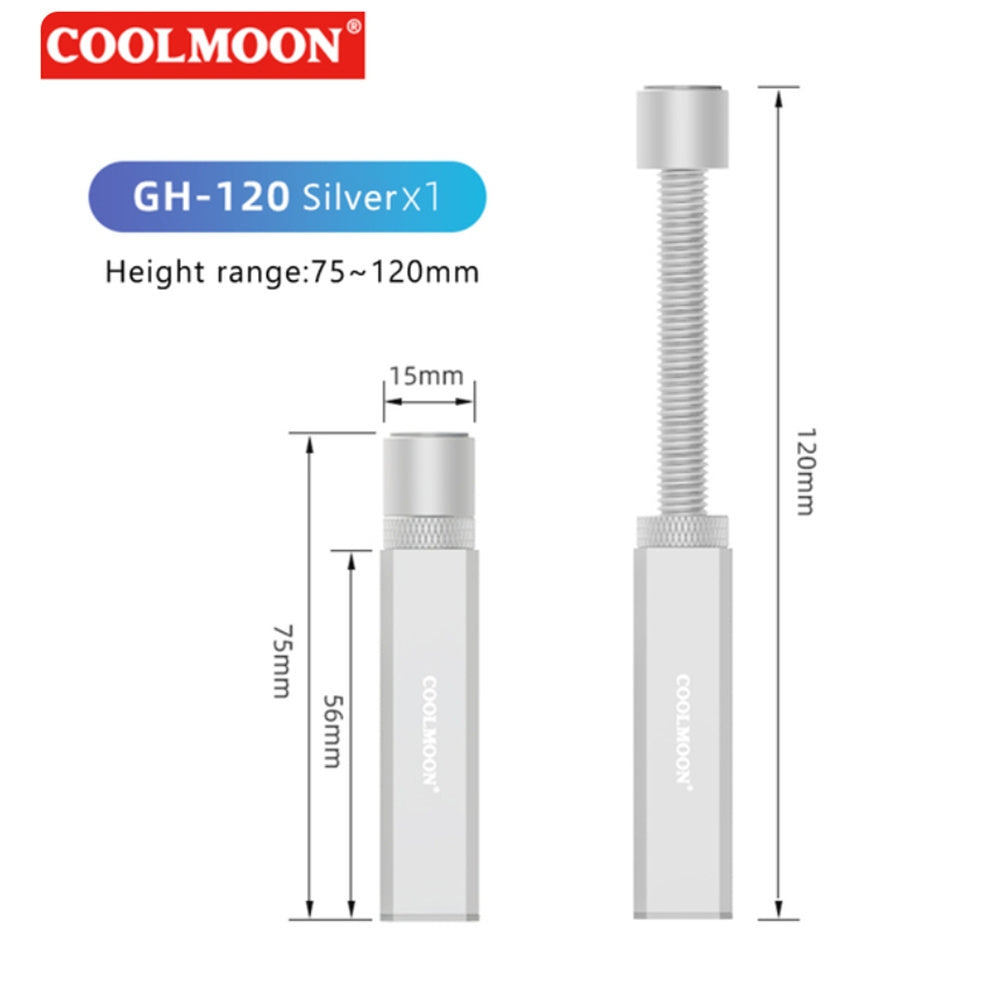 Silver aluminum alloy GPU vertical mount bracket with telescopic screw design, adjustable height graphics card holder for laptops.