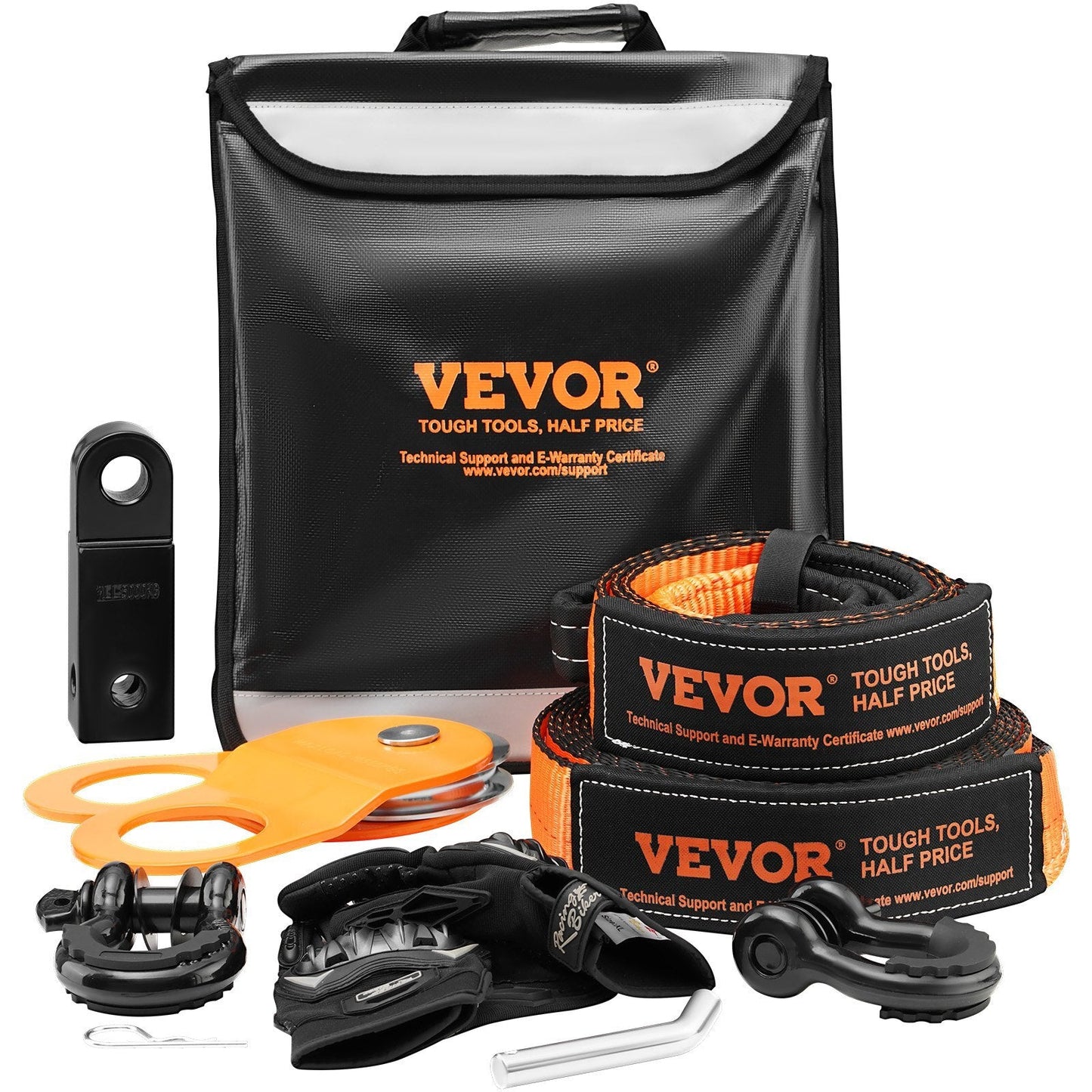 Heavy duty off-road recovery kit with tow straps, shackles, shackle receiver, snatch block, gloves, and storage bag for ATV, Jeep, or truck.