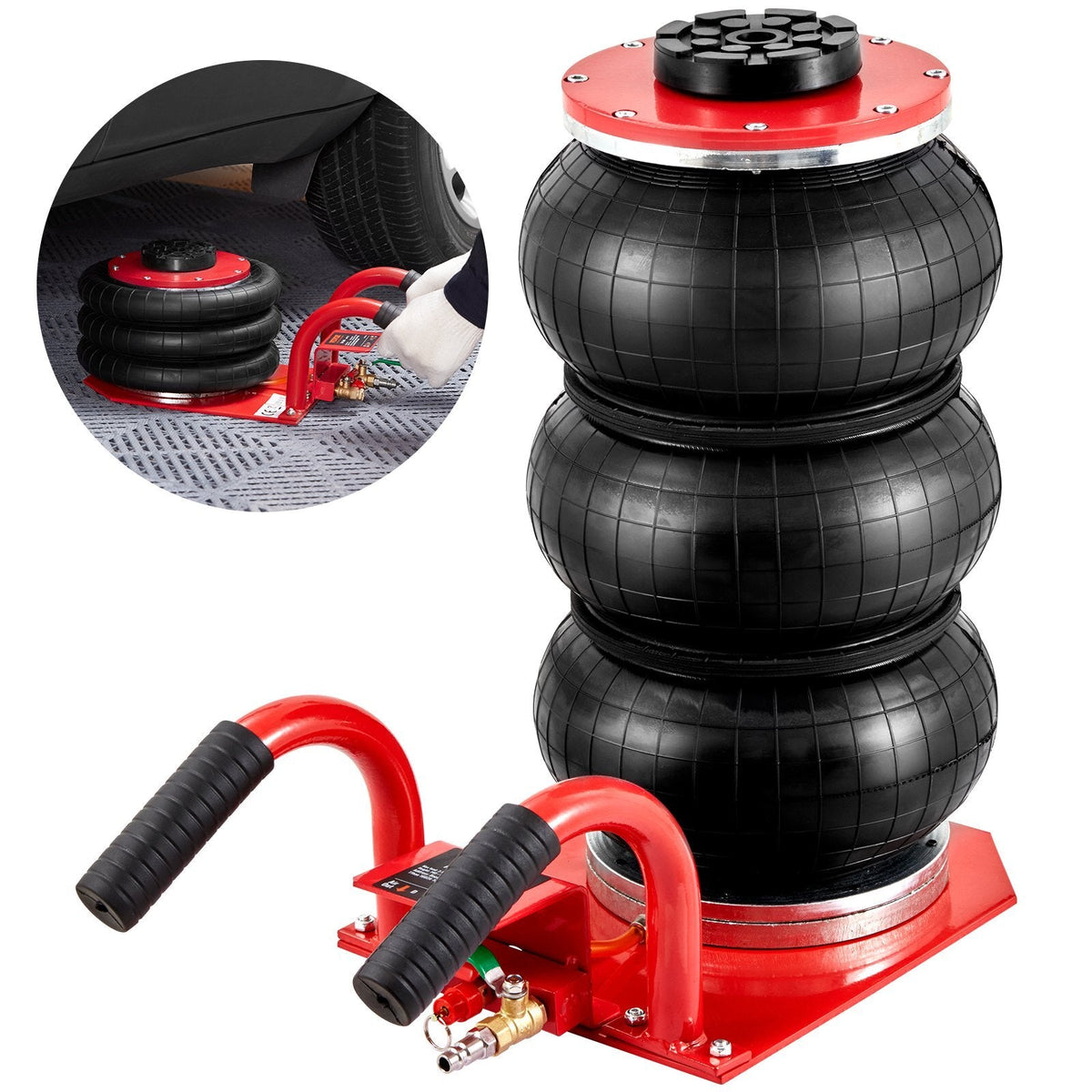 Red American Smart 3-ton air jack with triple airbags, steel pipes, side handles, lifting up to 17.7 inches for car repairs.