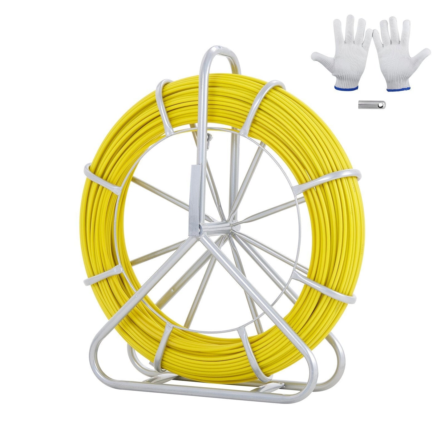 American Smart fiberglass fish tape, 656 ft, 1/4 inch, with steel reel stand, 3 pulling heads, for electrical conduit and wall wiring