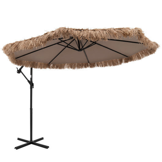 10 FT Solar Thatched Cantilever Umbrella with 12 Modes and Crank Lift-Brown - Color: Brown