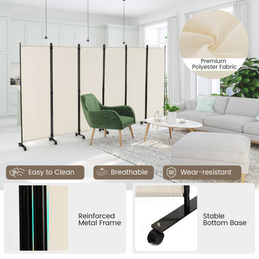Costway 6 Panel 5.7 Feet Tall Rolling Room Divider on Wheels-White