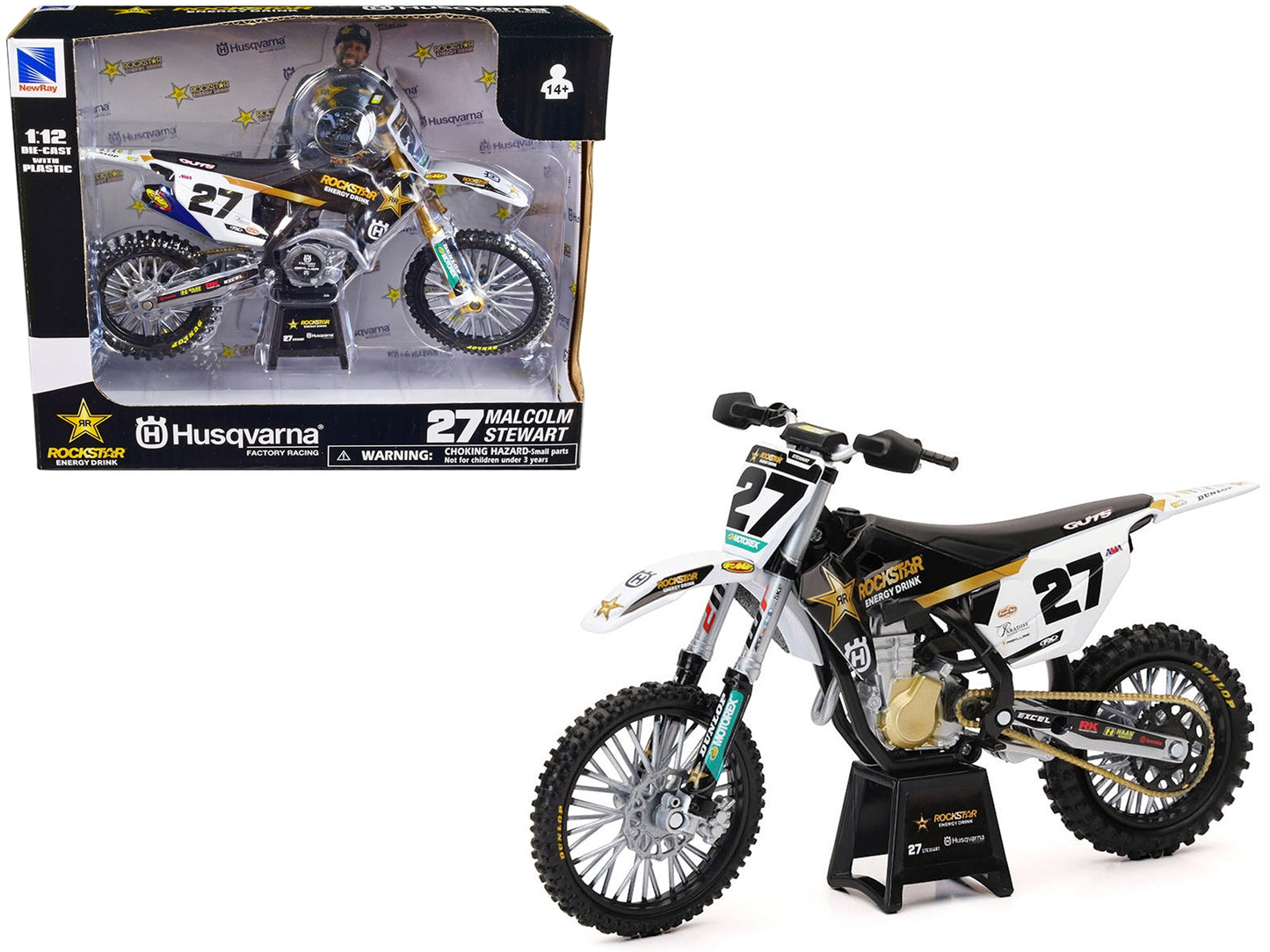 Husqvarna FC450 motorcycle diecast model by New Ray featuring Malcolm Stewart with Rockstar Energy Drink branding.