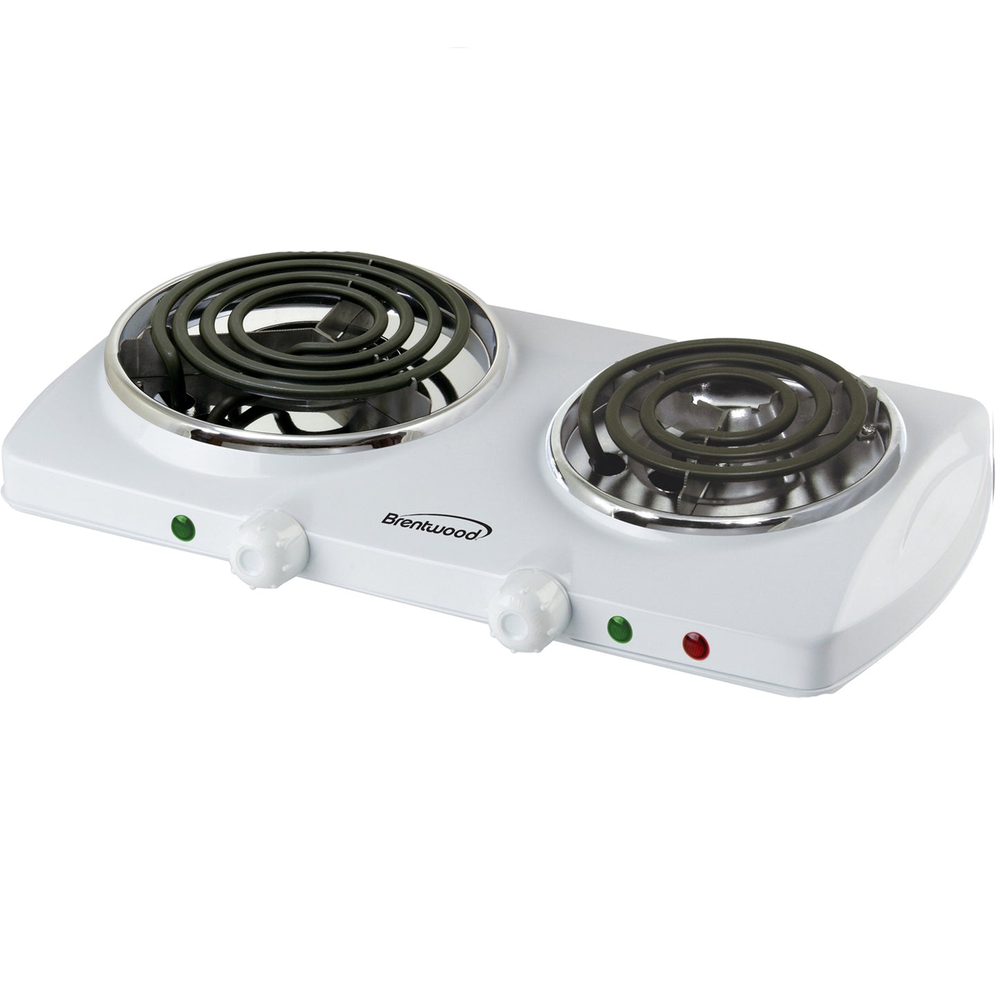 American Smart Brentwood 1500W double burner electric stove with white spiral coil, compact kitchen appliance for cooking.
