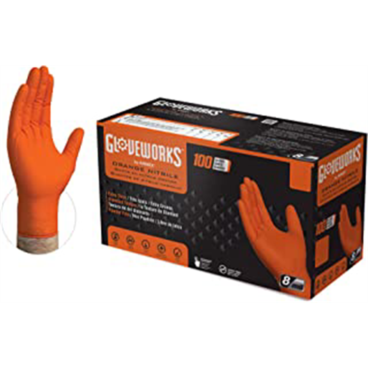 Medium American Smart Gloveworks HD orange nitrile disposable gloves laid flat, showing the textured surface and snug fit.