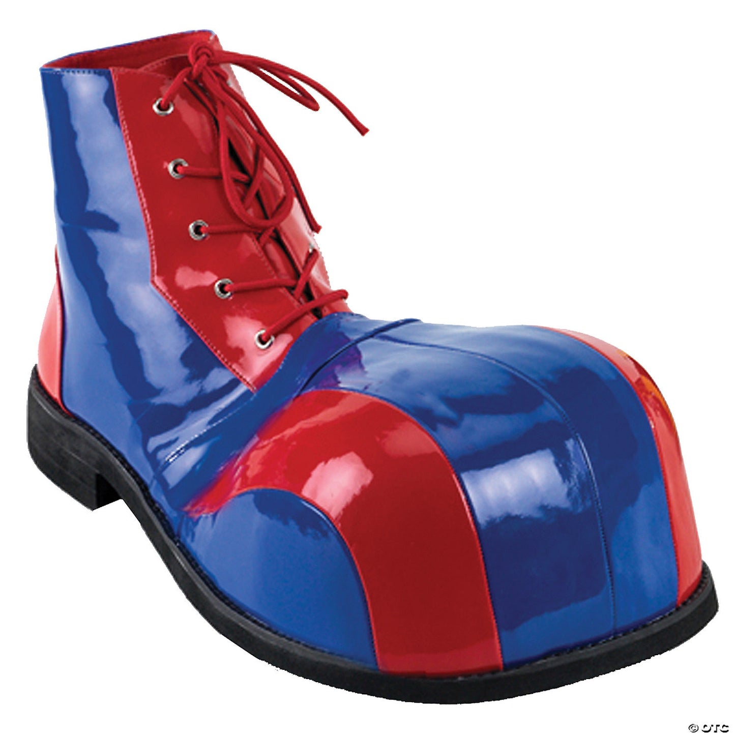 Red and blue patent clown shoes by American Smart WB, oversized shoes with colorful, shiny finish for costumes or performances.