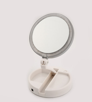 Rechargeable LED makeup mirror with touch control and lamp holder, designed for versatile use in clothing and wardrobe storage.