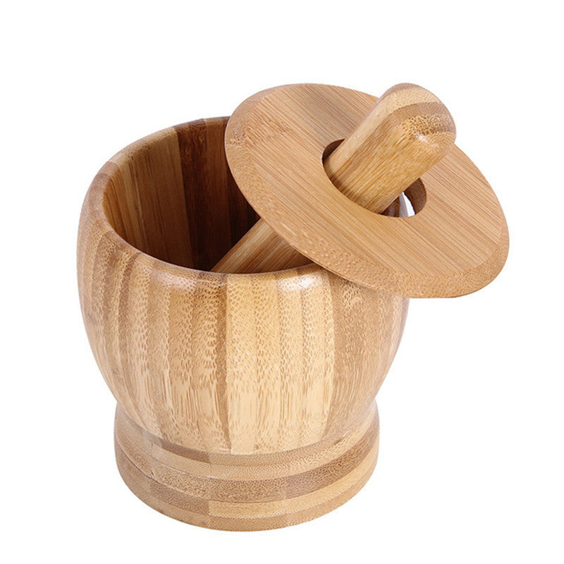 Color: Small with lid - Bamboo Bowl Garlic Press Grinder Crusher for Guacamole Kitchen Pepper Garlic Pressing Bowl Convenient