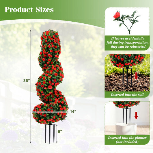 Set of 2 Artificial Spiral Topiary Trees with Sun Protection and Ground Spikes-Red - Color: Red