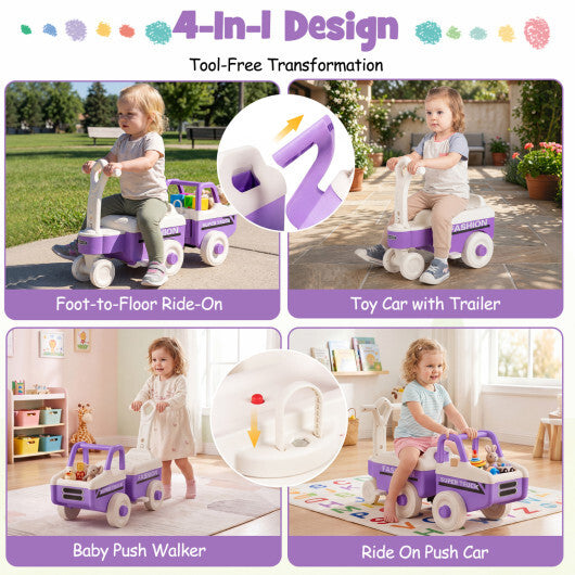 Costway 4 in 1 Ride on Push Car with Music and Under-Seat Storage for Boys Girls-Purple - Color: Purple