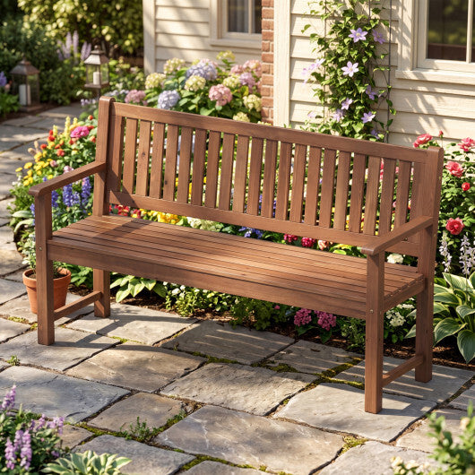 3-Seater Outdoor Wooden Bench 59 inch Large Garden Bench with Backrest-Brown - Color: Brown