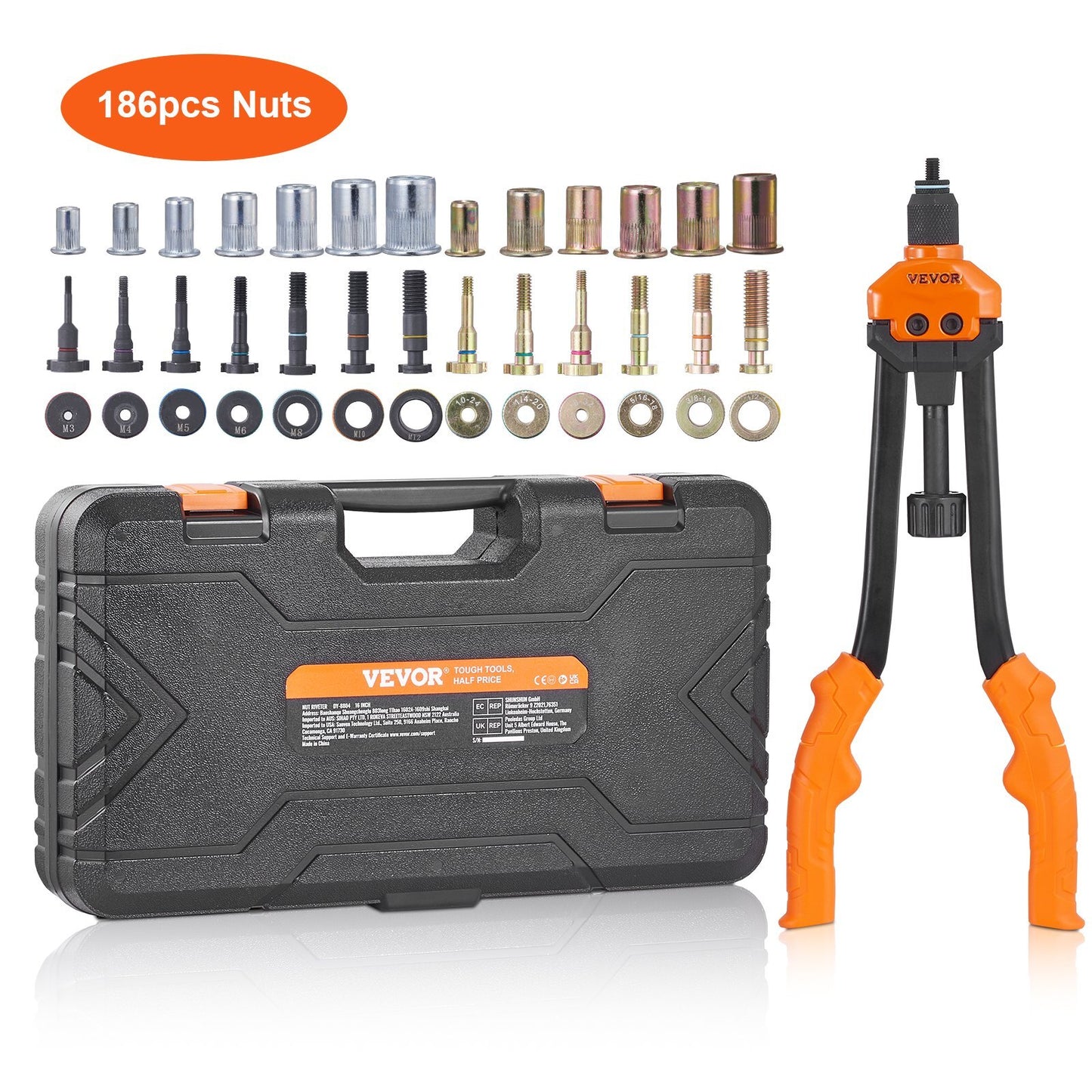 American Smart 16-inch rivet nut tool kit with 13 mandrels and 186 rivet nuts for metric and SAE sizes, includes carrying case.