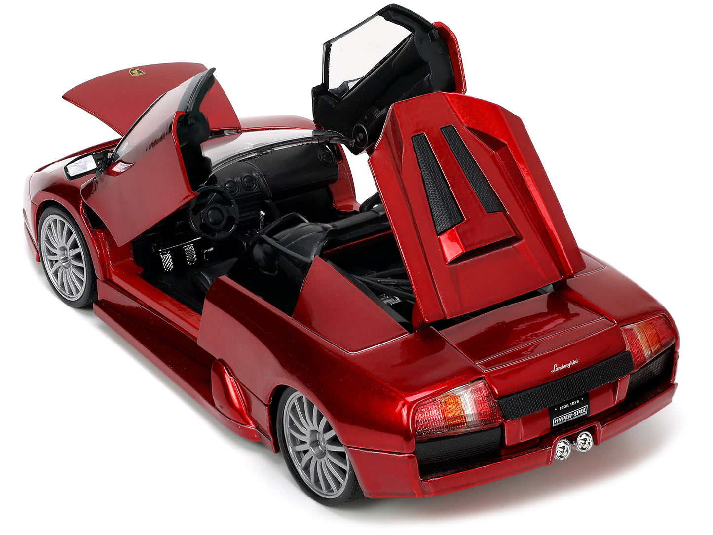 Red metallic Lamborghini Murcielago Roadster Jada 1/24 diecast model car from the Hyper-Spec series, detailed scale replica.