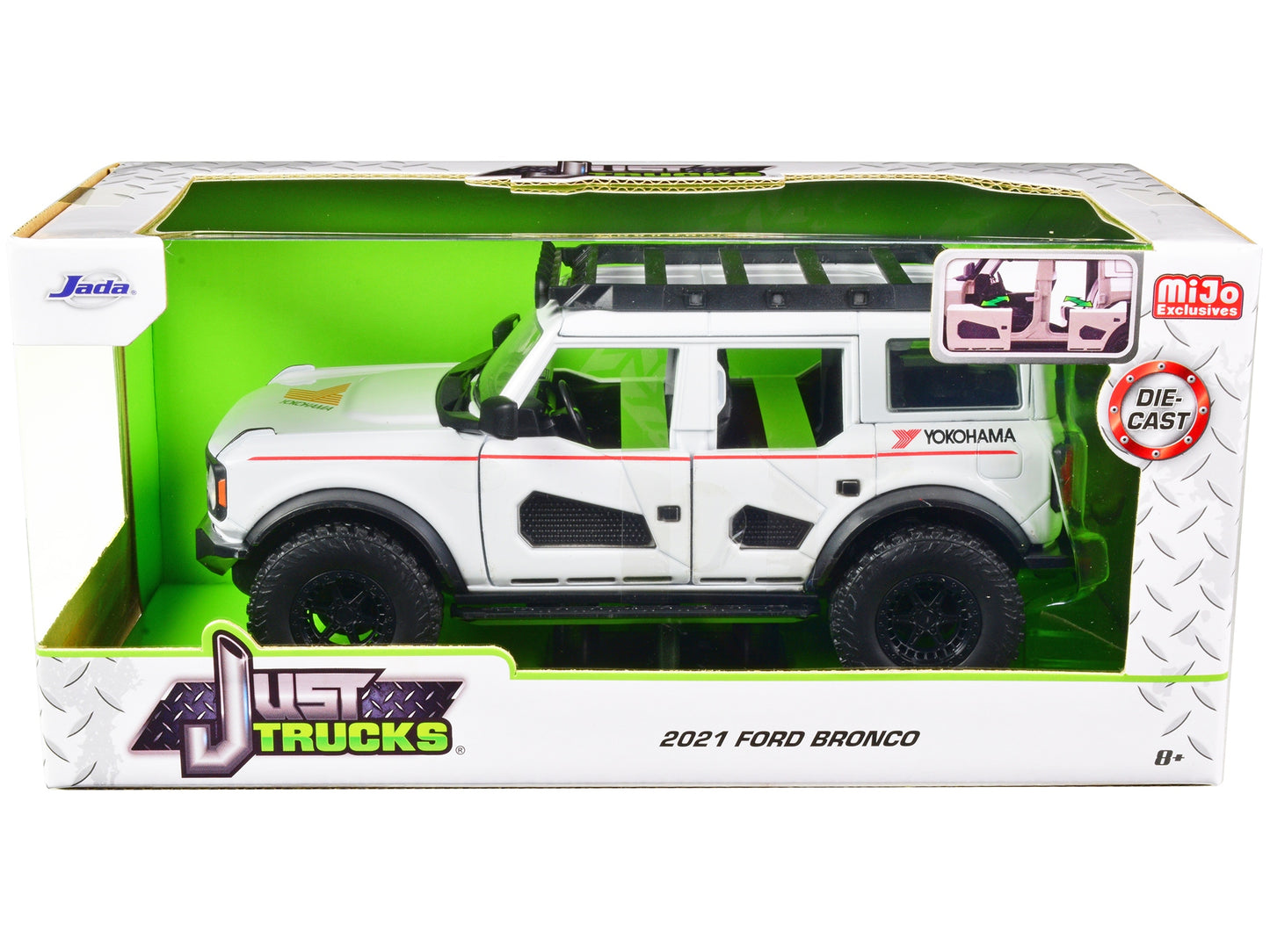 2021 Ford Bronco diecast model car by Jada, white with red stripes, roof rack, Yokohama tires, 1/24 scale, Just Trucks series