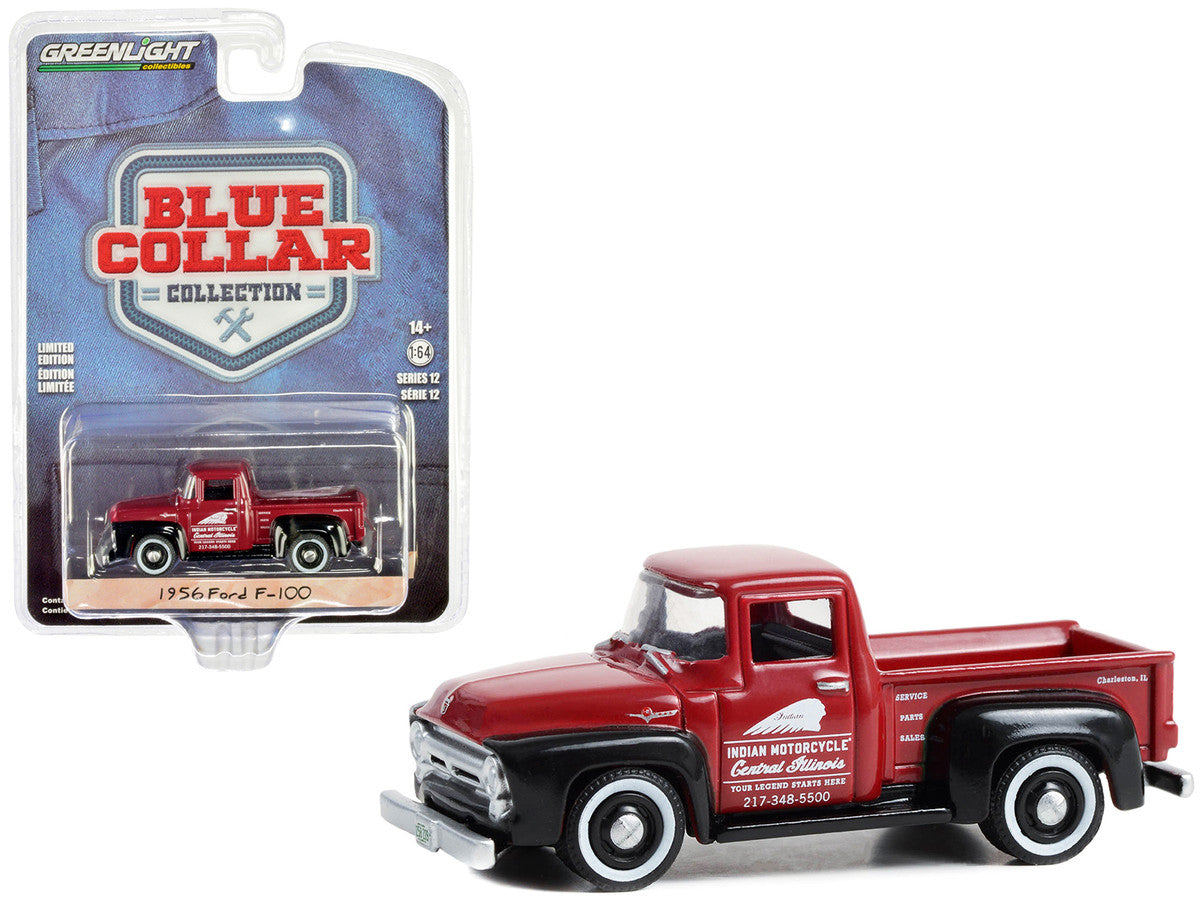 1956 Ford F-100 Pickup Truck Red and Black "Indian Motorcycle Service Parts & Sales" "Blue Collar Collection" Series 12 1/64 Diecast Model Car by Greenlight-0