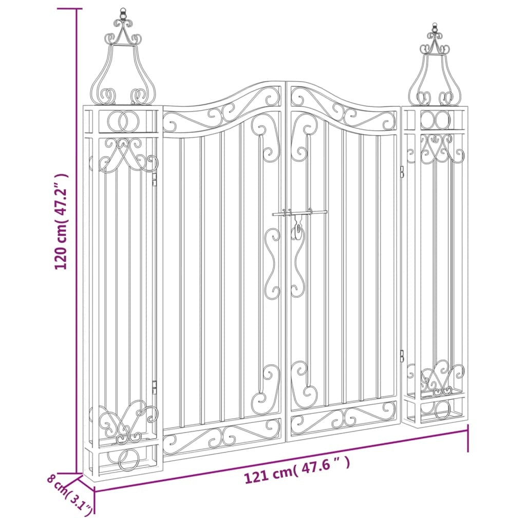 Black wrought iron garden gate by American Smart, measuring 47.6 inches wide, 3.1 inches deep, and 47.2 inches tall, with decorative ironwork.