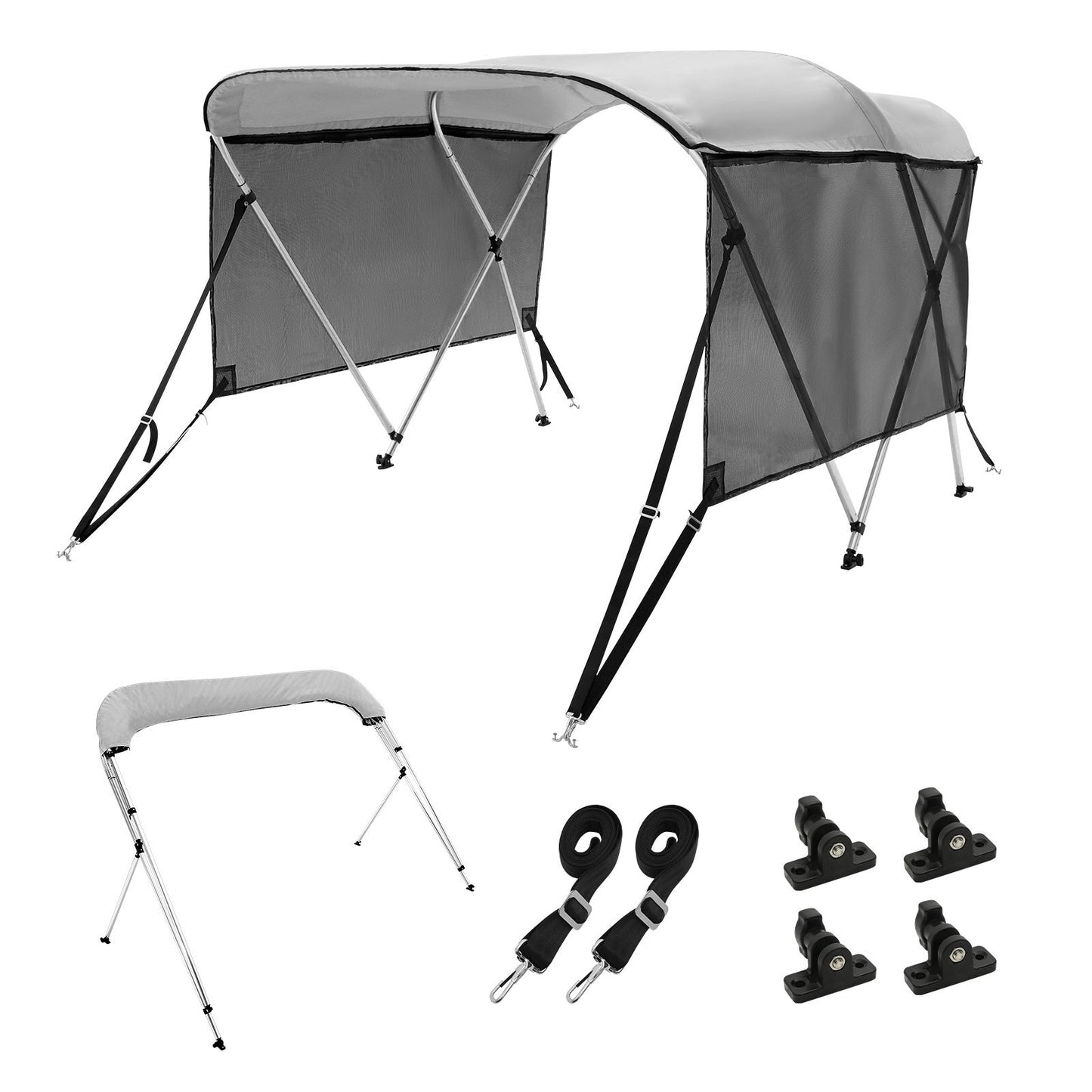 3 Bow Bimini Top Boat Cover, Detachable Mesh Sidewalls, 600D Polyester Canopy with 1" Aluminum Alloy Frame, Includes Storage Boot, 2 Support Poles, 2 Straps, 6'L x 46"H x 61"-66"W, Light Grey