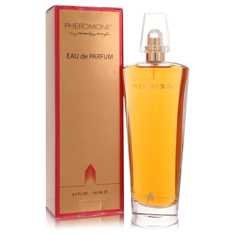 Marilyn Miglin Pheromone Eau De Parfum Spray for women, 3.4 oz bottle, with elegant packaging and brand label visible.