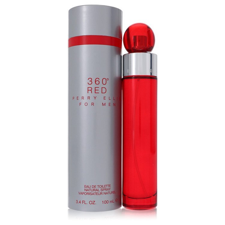 Perry Ellis 360 Red eau de toilette spray for men, 3.4 oz bottle with a sleek red and silver design.