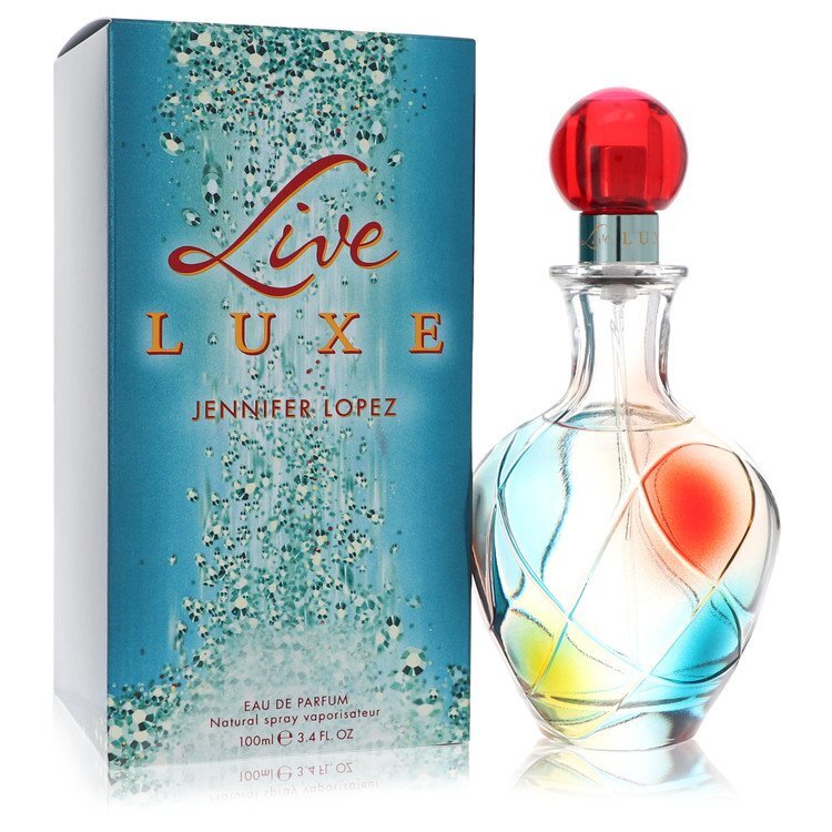 Jennifer Lopez Live Luxe Eau De Parfum spray bottle, 3.4 oz, with elegant packaging and floral design.