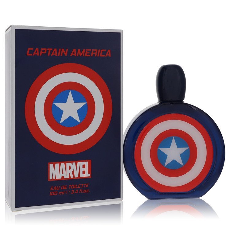 Marvel Captain America Eau De Toilette spray for men, 3.4 oz bottle featuring Captain America character and branding.