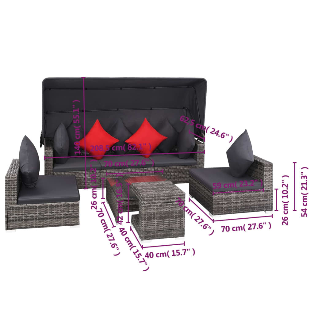 Gray 7-piece patio lounge set with cushions made of poly rattan from American Smart outdoor furniture collection.