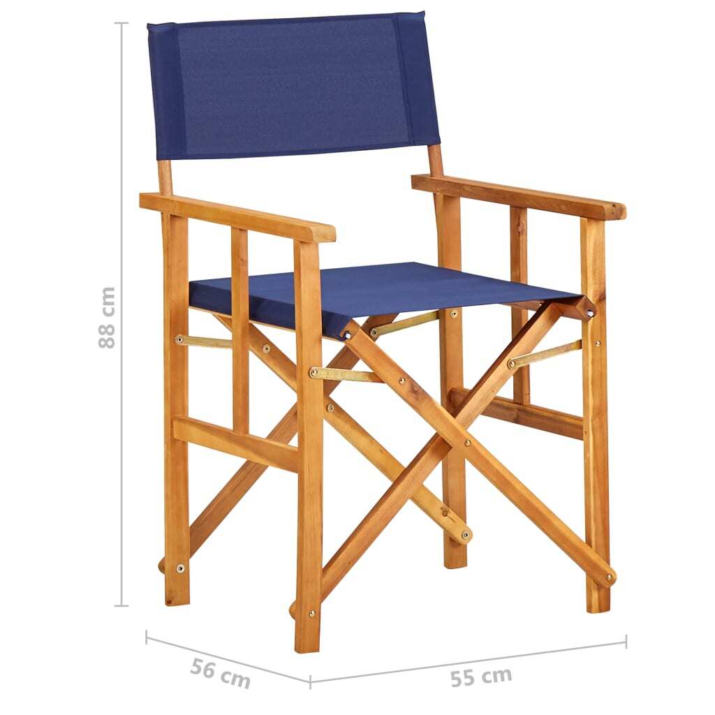 Two solid acacia wood director's chairs with blue fabric seats, outdoor seating by American Smart.